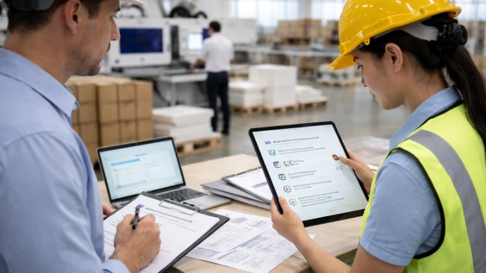 Two professionals reviewing factory audit documents and checklists on a tablet in an industrial workspace.