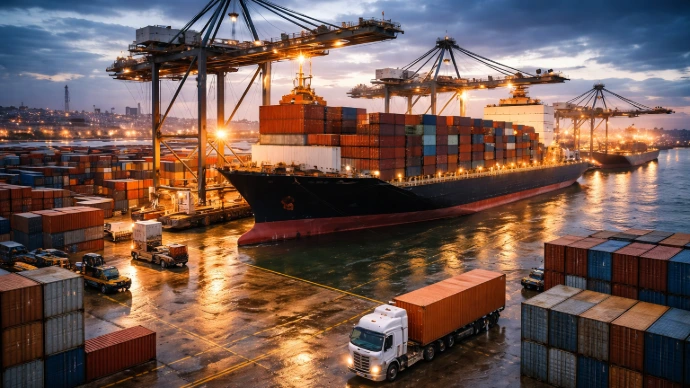 Container ship loading at a busy commercial port with cranes, shipping containers, and transport vehicles.