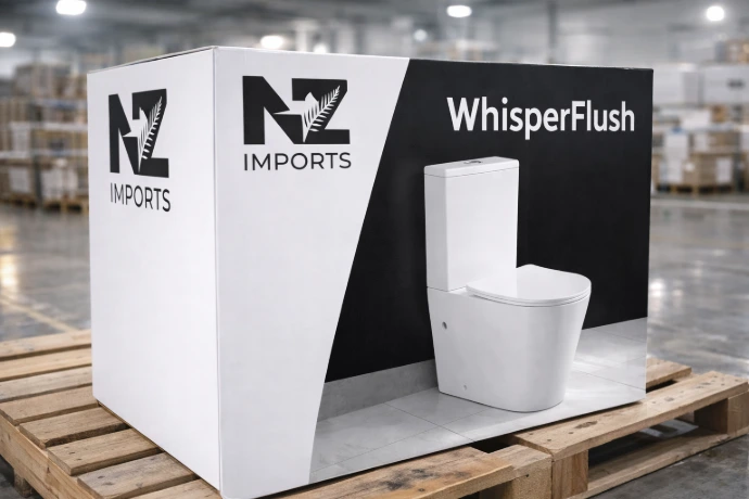 Custom branded product packaging prepared for shipment inside a clean warehouse environment.