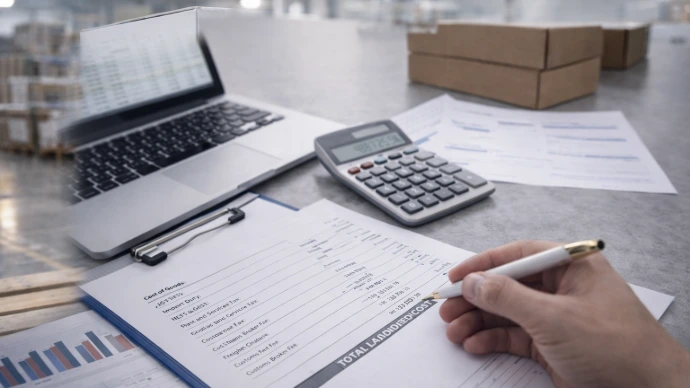 Laptop and documents on a desk showing procurement planning and cost calculations for imported goods.